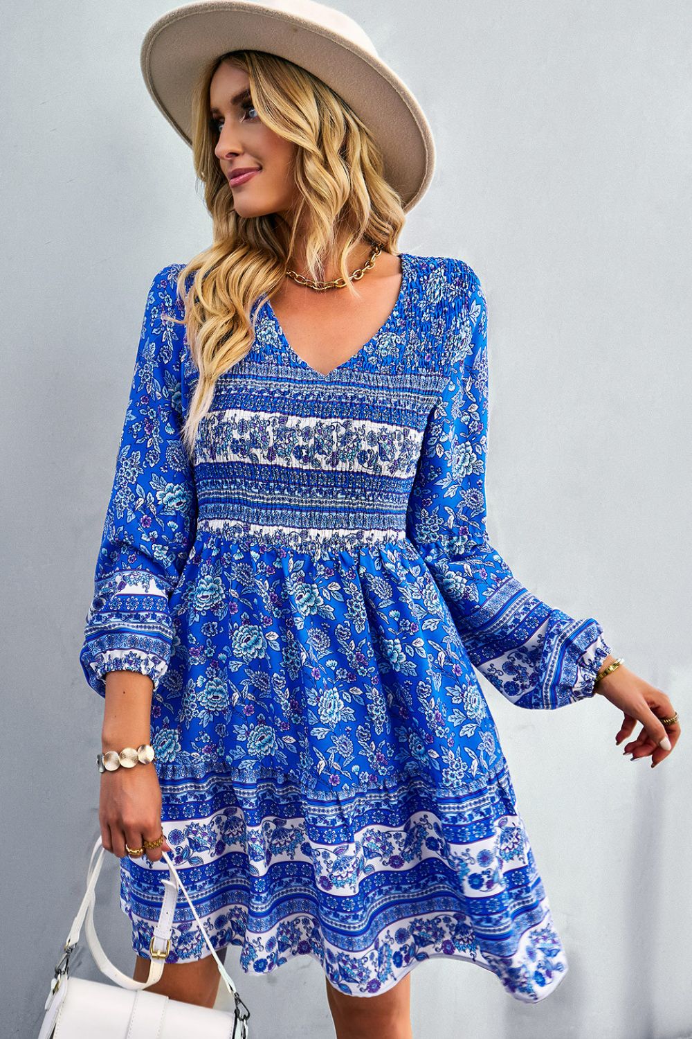 Boho Bohemian V-Neck Balloon Sleeve Dress [Spirit and Rebel] Blue S 