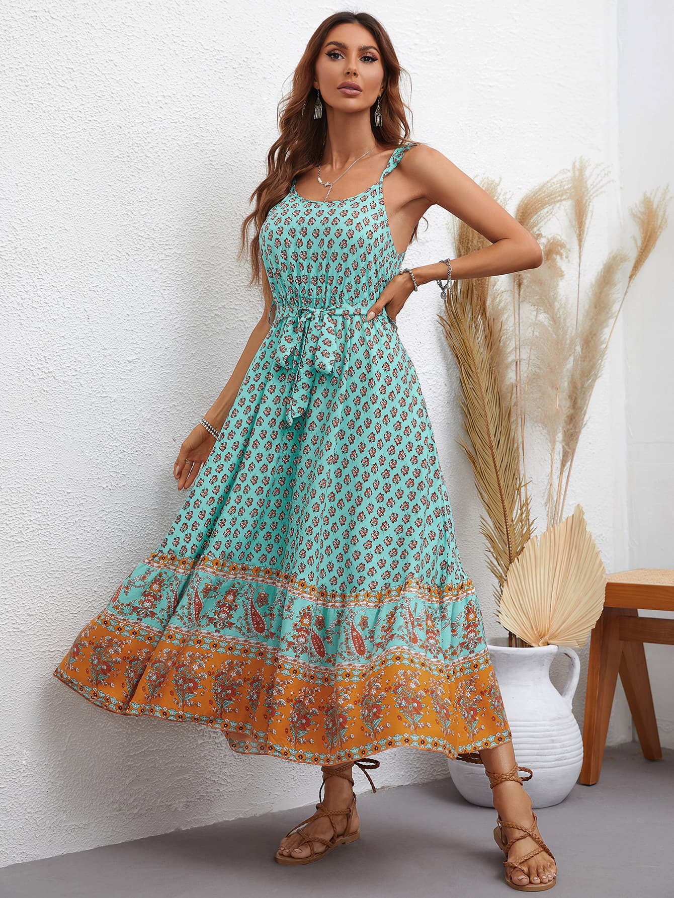 Bohemian Tie Waist Scoop Neck Dress [Spirit and Rebel]   