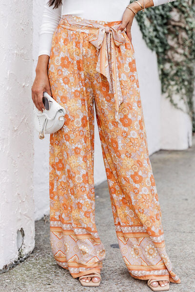 Boho Chic  Floral Tie Front Wide Leg Pants [Spirit and Rebel] Sherbet S 