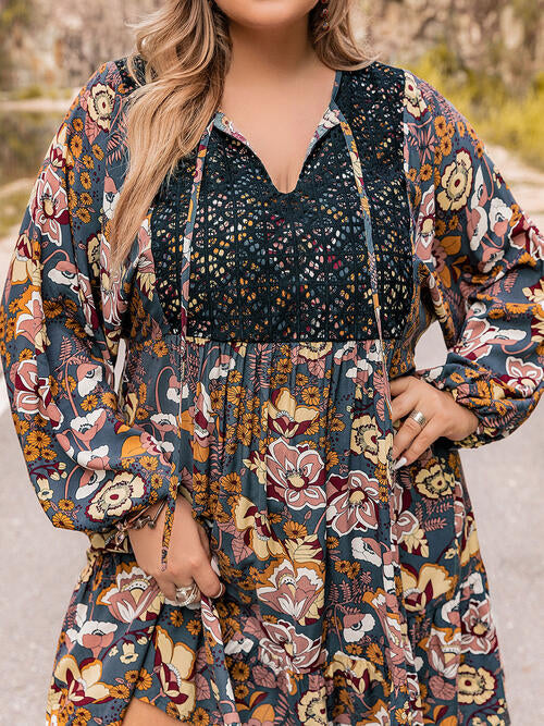 Plus Size Floral Tie Neck Balloon Sleeve Mini Dress [Spirit and Rebel]   