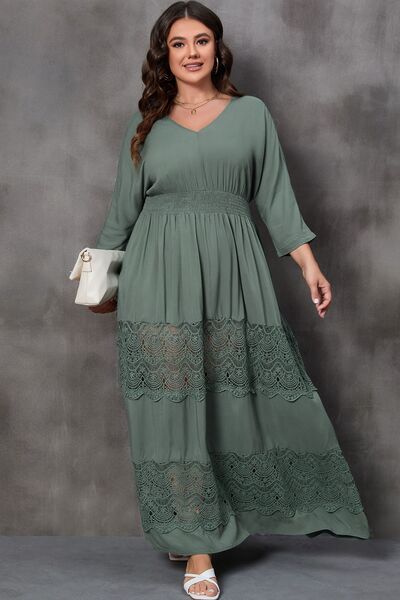 Plus Size Tied V-Neck Smocked Crochet Maxi Dress [Spirit and Rebel] Sage 1X 