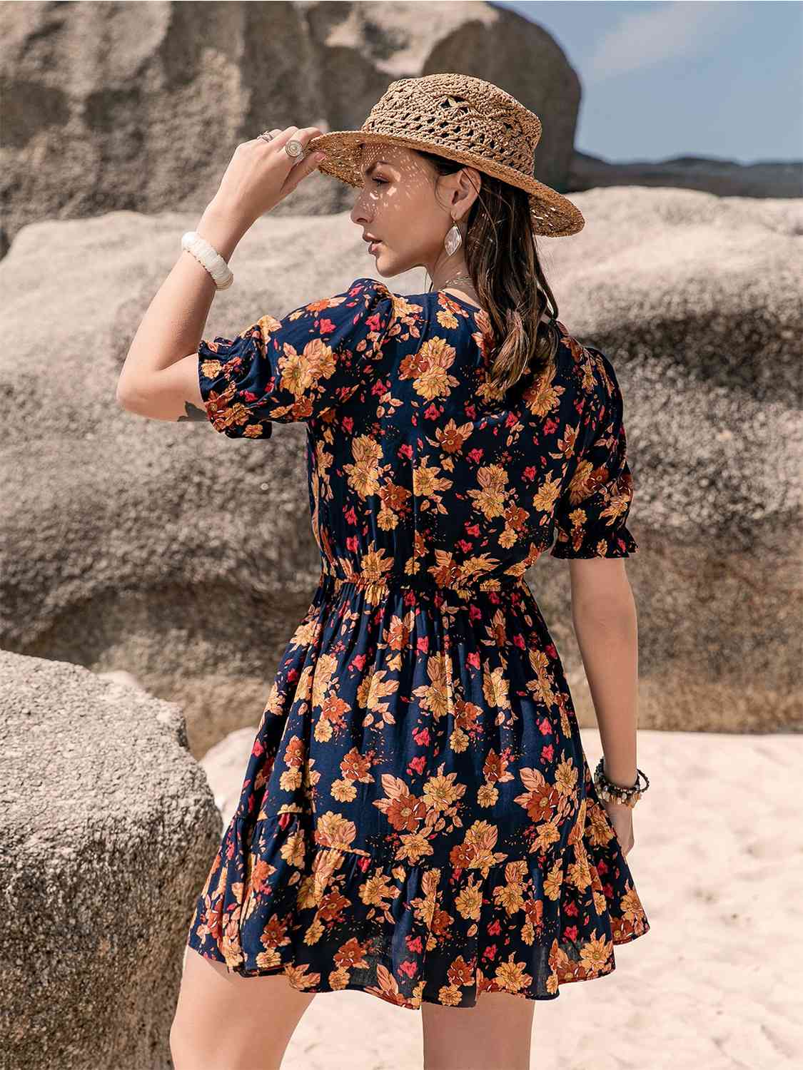 Foral V-Neck Flounce Sleeve Ruffle Hem Dress [Spirit and Rebel]   