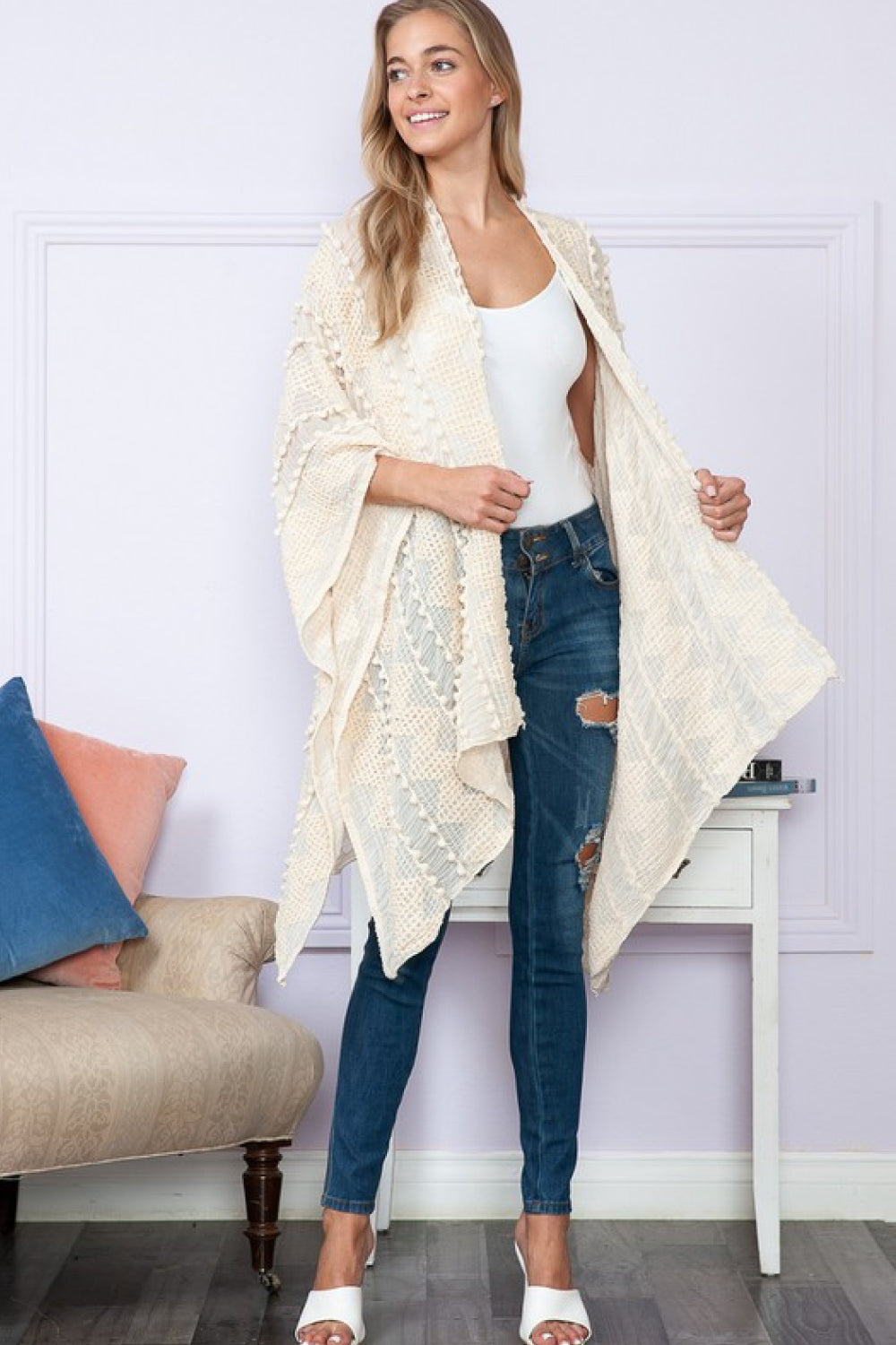 Justin Taylor Pom-Pom Asymmetrical Poncho Boho Cardigan [Spirit and Rebel]   