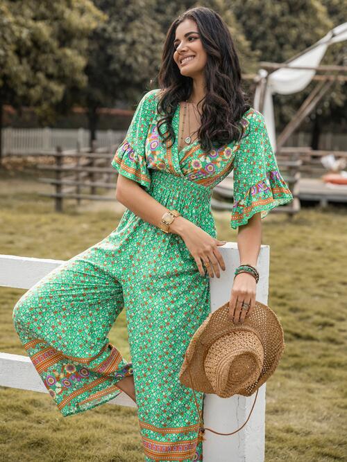 Boho Chic  Floral Surplice Flutter Sleeve Jumpsuit [Spirit and Rebel]   