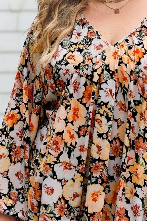 Plus Size Floral V-Neck Balloon Sleeve Blouse [Spirit and Rebel]   