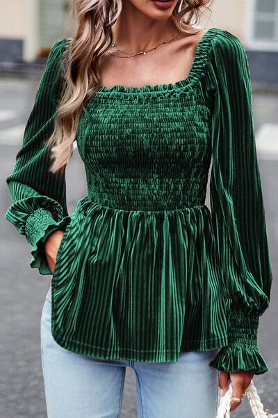 Boho Chic  Smocked Ribbed Velvet Babydoll Top [Spirit and Rebel] Green S 