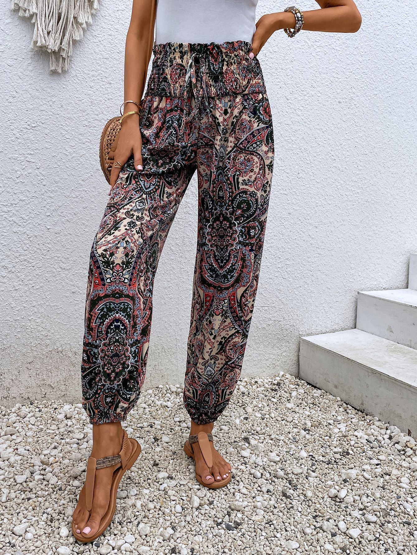 Paisley Print Smocked High-Waist Pants [Spirit and Rebel]   