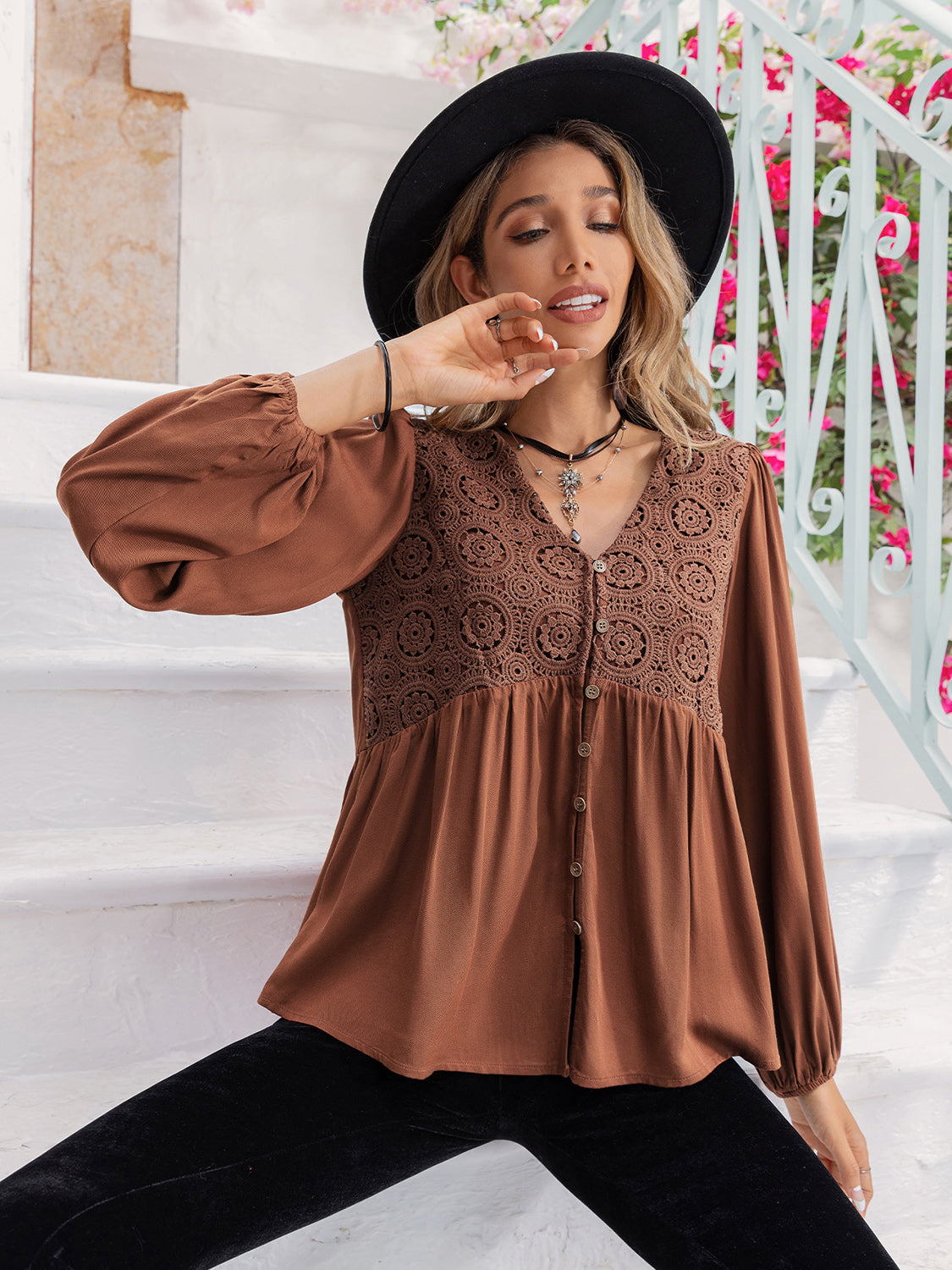 Bohostyle Printed V-Neck Long Sleeve Blouse [Spirit and Rebel]   