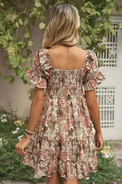 Printed Flounce Sleeve Smocked Boho Dress [Spirit and Rebel]   