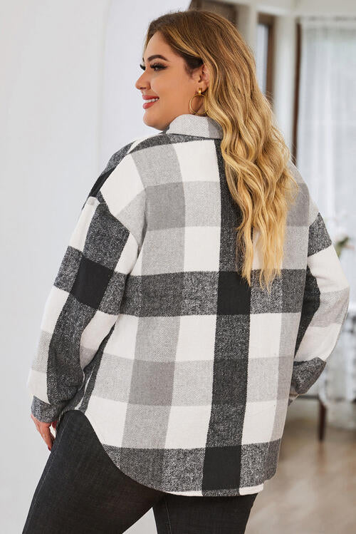 Plus Size Plaid Button Up Collared Neck Jacket [Spirit and Rebel]   