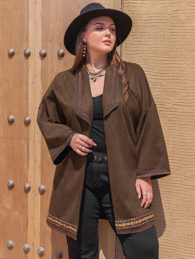 Plus Size Embroidered Open Front Dropped Shoulder Jacket [Spirit and Rebel] Chestnut 0XL 