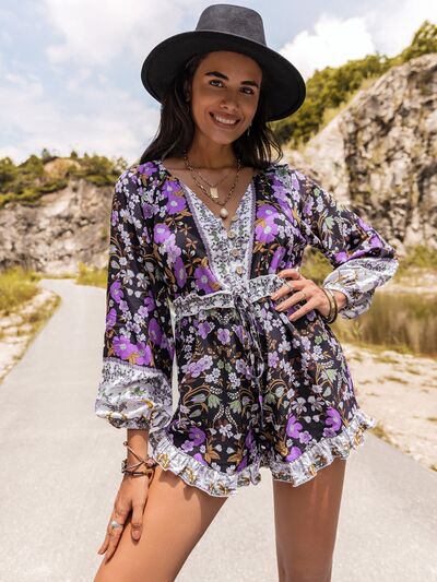 Printed Frill Half Button Balloon Sleeve Romper [Spirit and Rebel]   