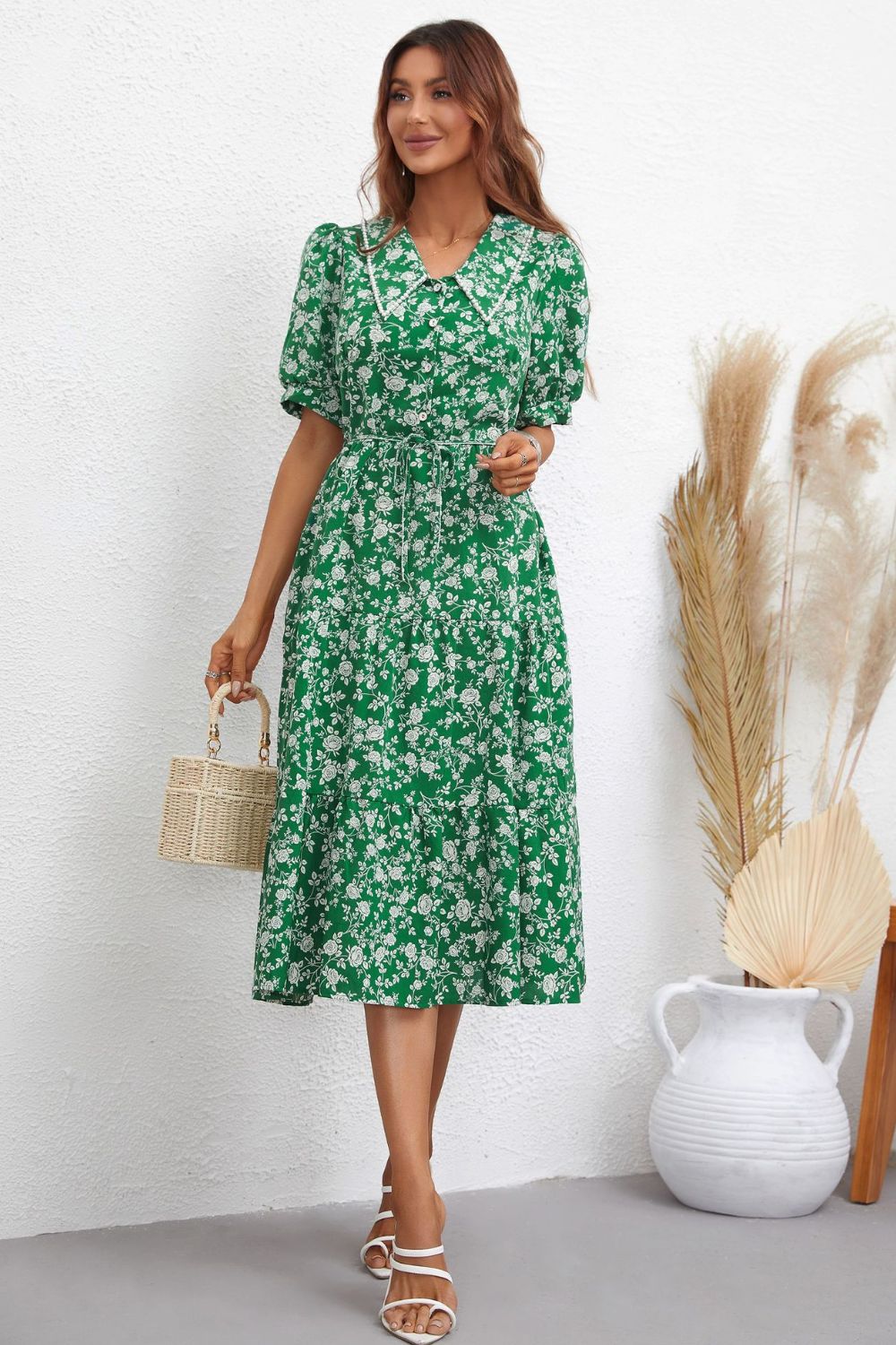 Boho Chic Floral Tie Waist Puff Sleeve Midi Dress [Spirit and Rebel]   