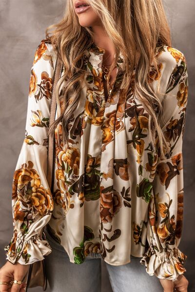 Boho Printed Notched Long Sleeve Blouse [Spirit and Rebel]   