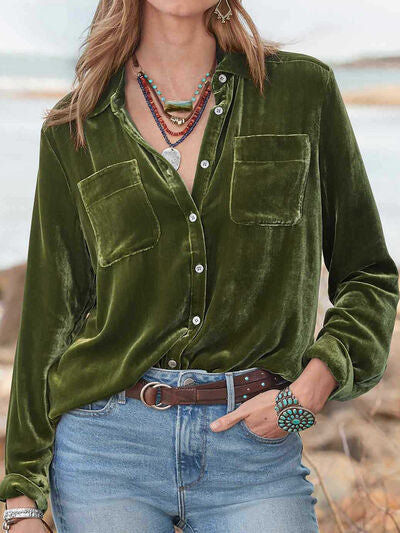 Button Up Long Sleeve High-Low Hem Shirt [Spirit and Rebel] Green S 