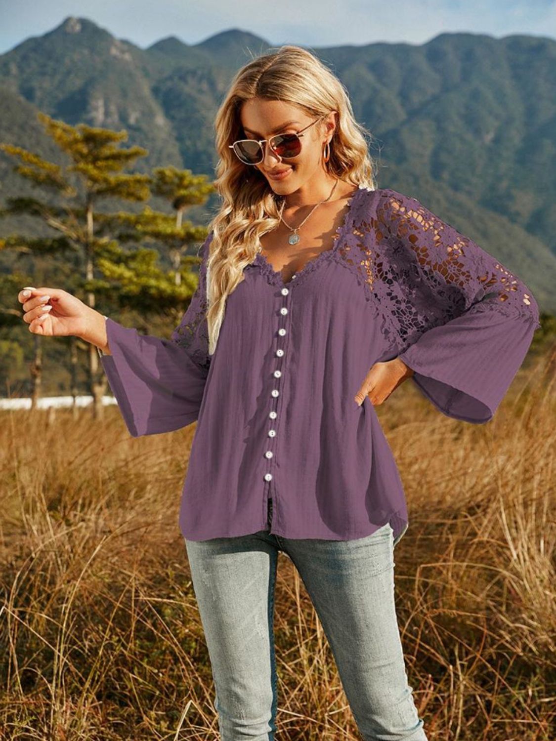 Spliced Lace Buttoned Blouse [Spirit and Rebel] Plum S 