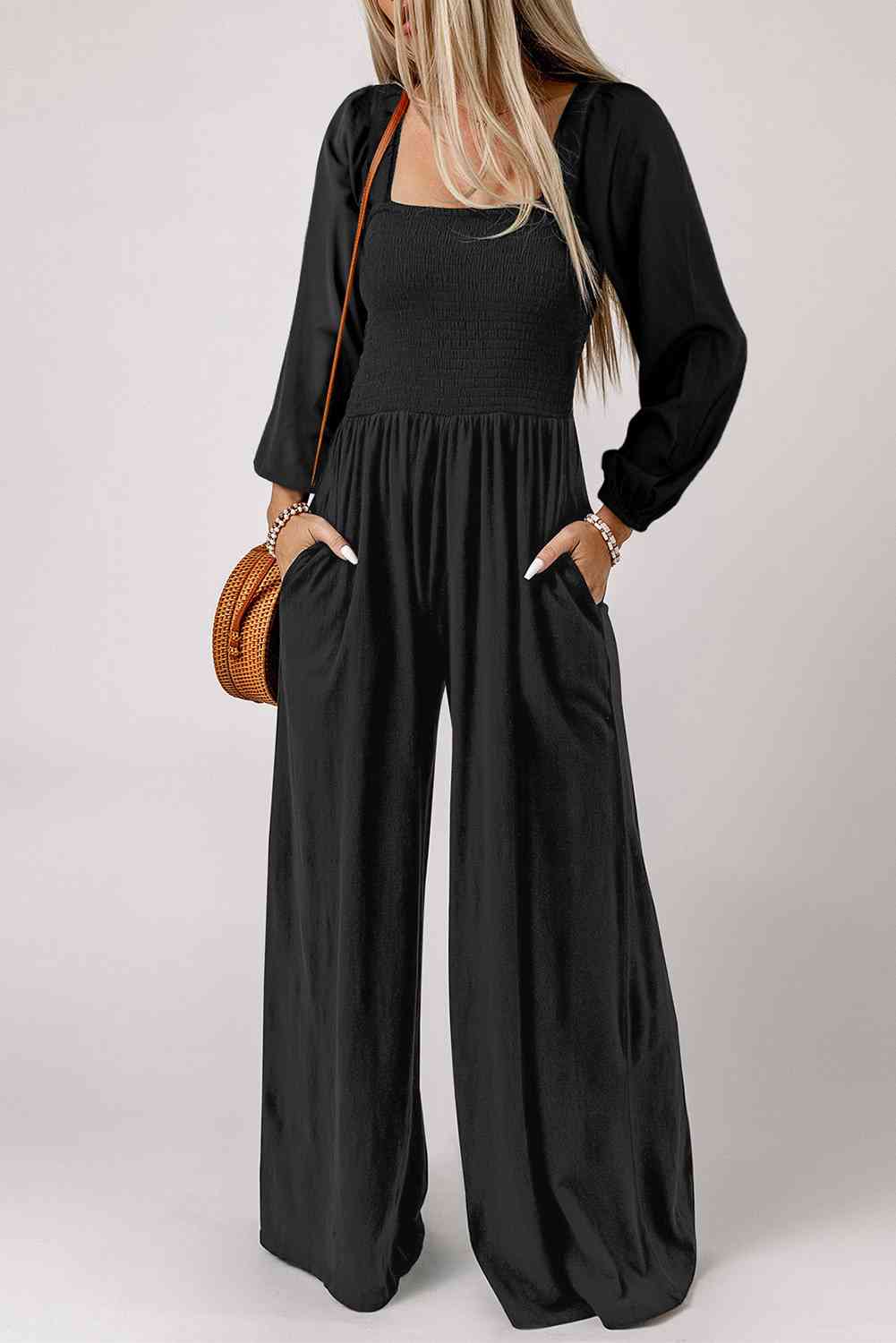 Hippie Style Square Neck Raglan Sleeve Jumpsuit with Pocket [Spirit and Rebel] Black S 