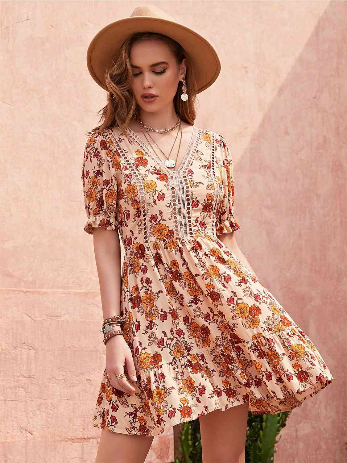 Floral V-Neck Flounce Sleeve Ruffle Hem Dress [Spirit and Rebel]   