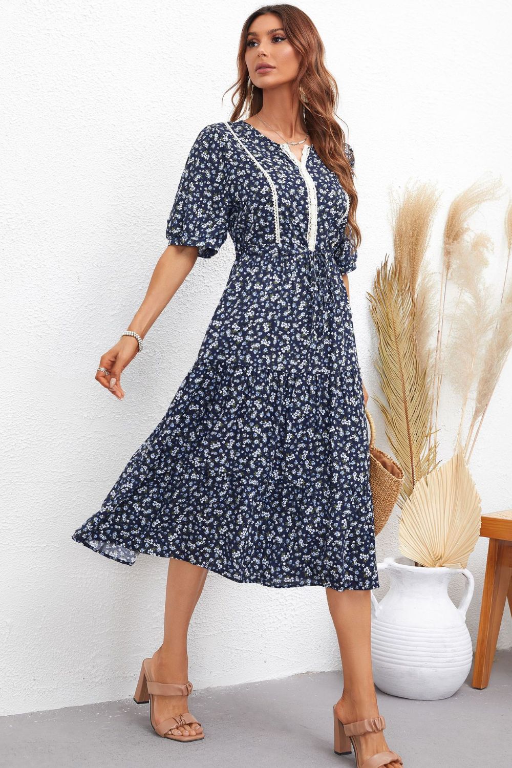 Floral Notched Neck Lace Trim Midi Dress [Spirit and Rebel]   