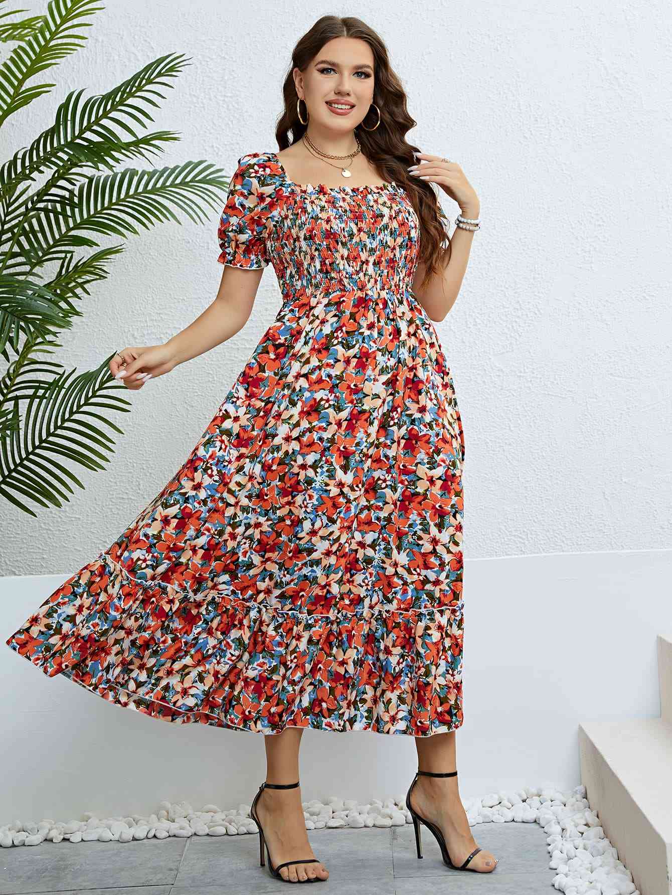 Plus Size Floral Smocked Square Neck Boho Dress [Spirit and Rebel]   