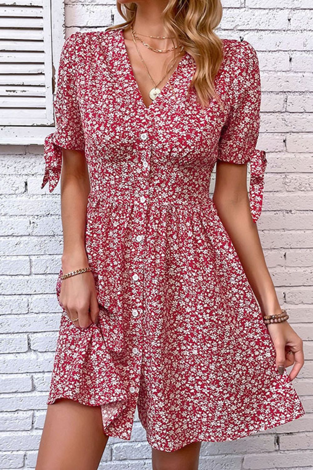 Ditsy Floral Tied Puff Sleeve Button Front Boho Dress [Spirit and Rebel] Deep Red S 