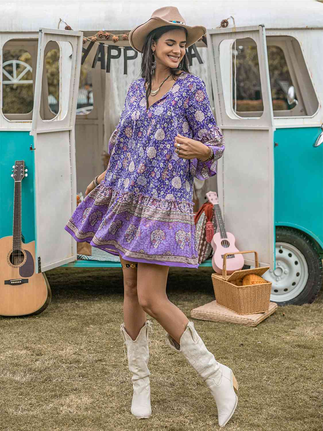 Floral Tie Neck Mini Dress [Spirit and Rebel]   