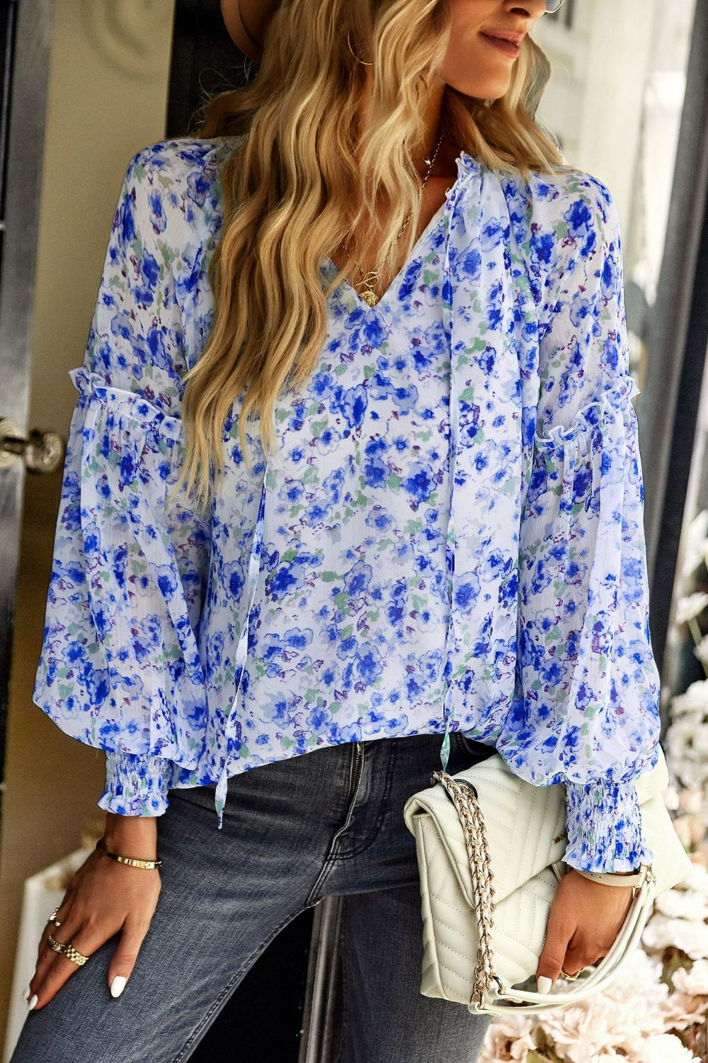 Floral Tie Neck Lantern Sleeve Boho Blouse [Spirit and Rebel] Blue Floral S 