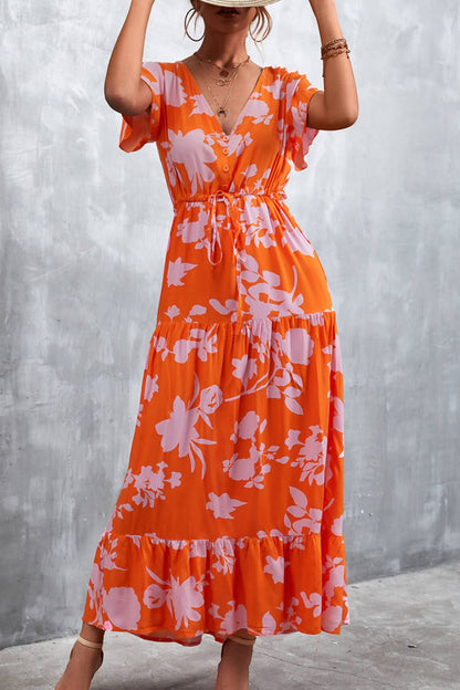 Floral Buttoned Drawstring Waist Tiered Boho Dress [Spirit and Rebel] Safety Orange S 