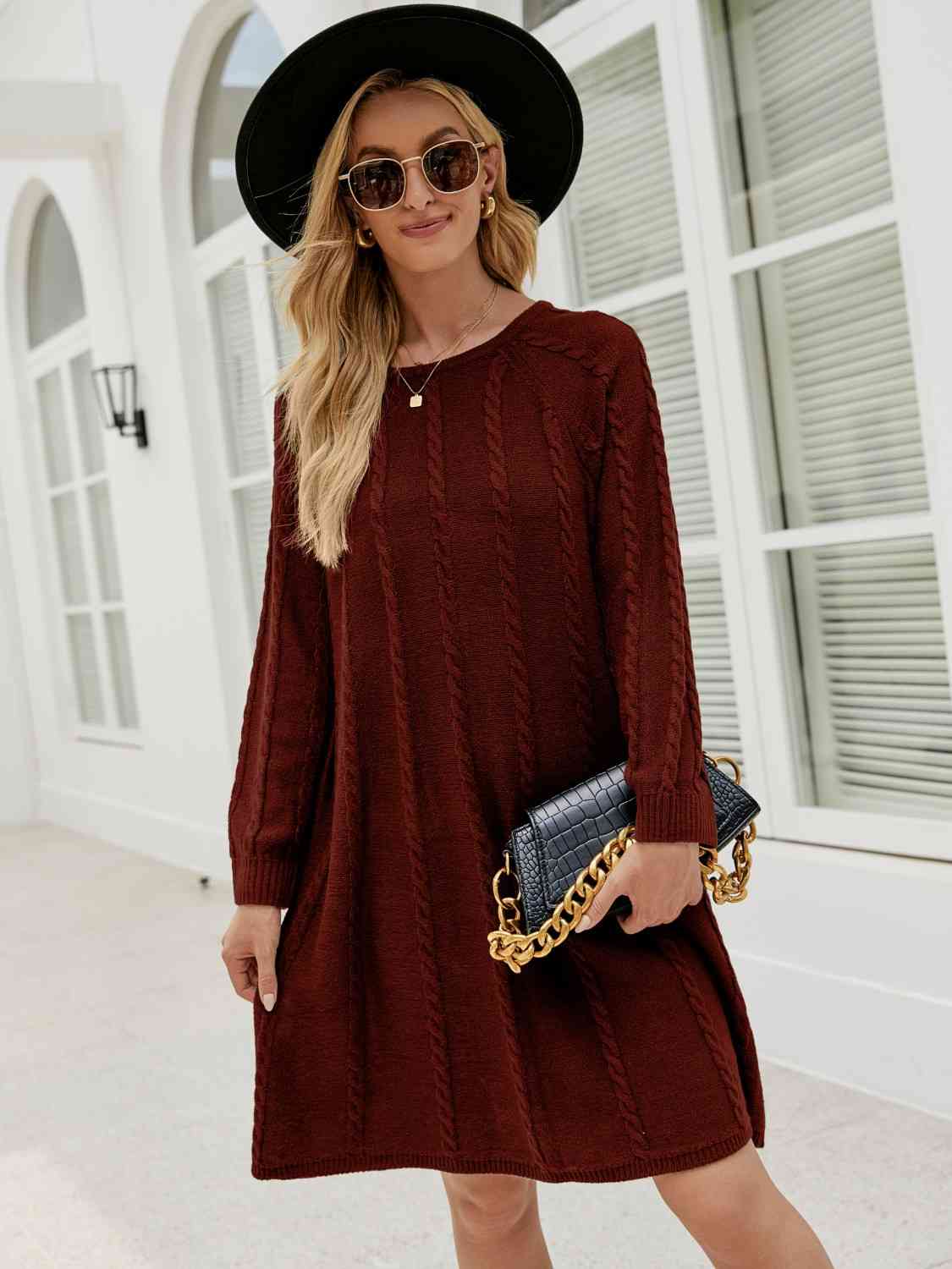 Cable-Knit Long Sleeve Sweater Dress [Spirit and Rebel] Wine S 