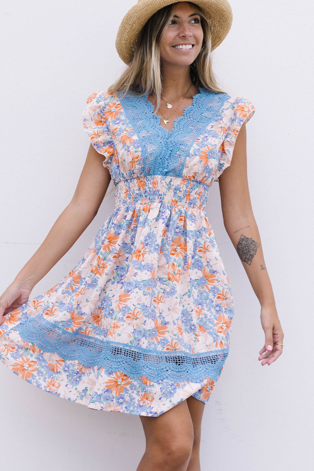 Floral Smocked Waist Spliced Lace Dress [Spirit and Rebel] Floral S 