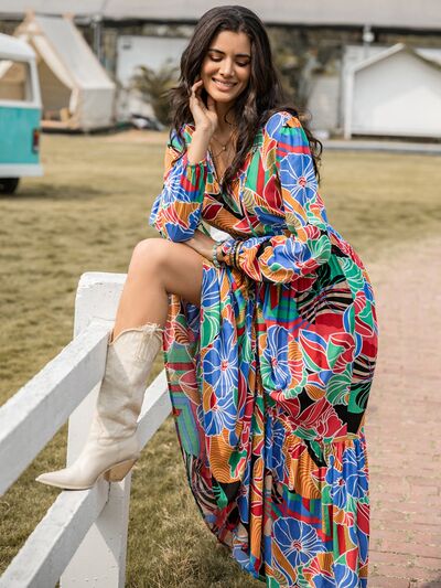 Printed Smocked Tie Neck Balloon Sleeve Maxi Dress [Spirit and Rebel]   