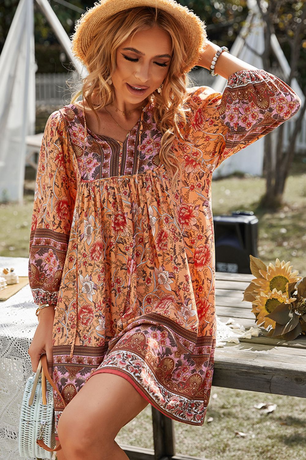 Bohemian Tie Neck Balloon Sleeve Dress [Spirit and Rebel]   