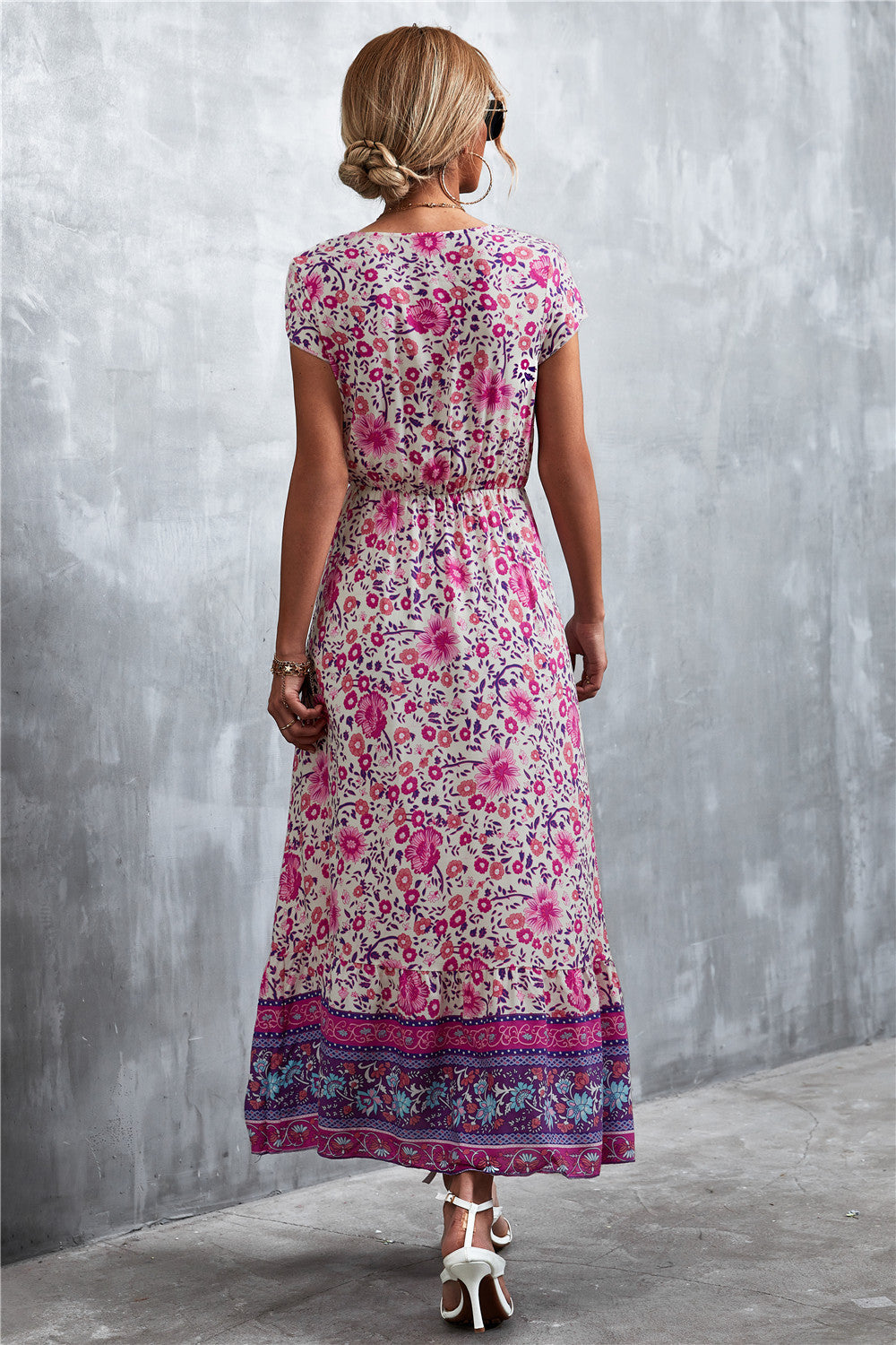 V-Neck Short Sleeve Printed Maxi Dress [Spirit and Rebel]   