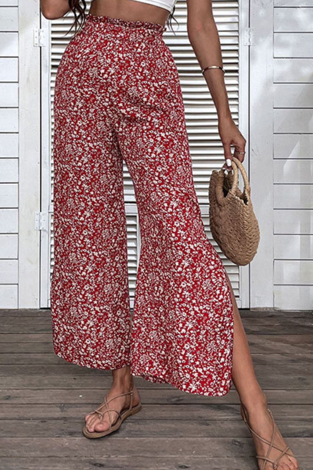 Ditsy Floral Slit Paperbag Waist Wide Leg Boho Hippie Pants [Spirit and Rebel] Red S 