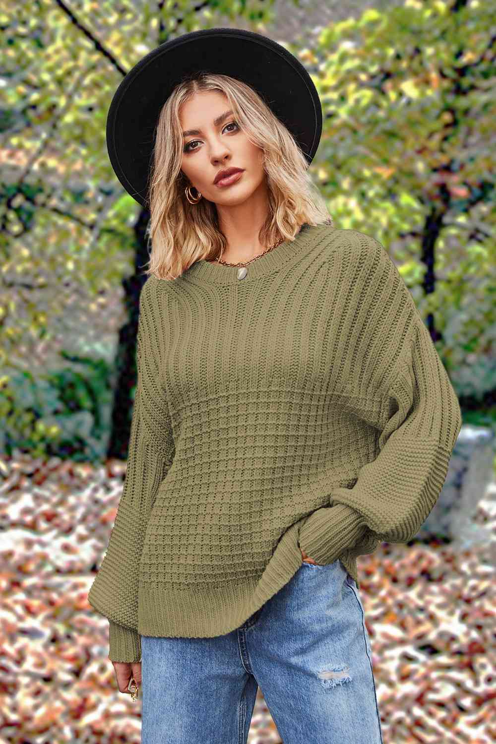 Round Neck Lantern Sleeve Sweater [Spirit and Rebel] Matcha Green S 