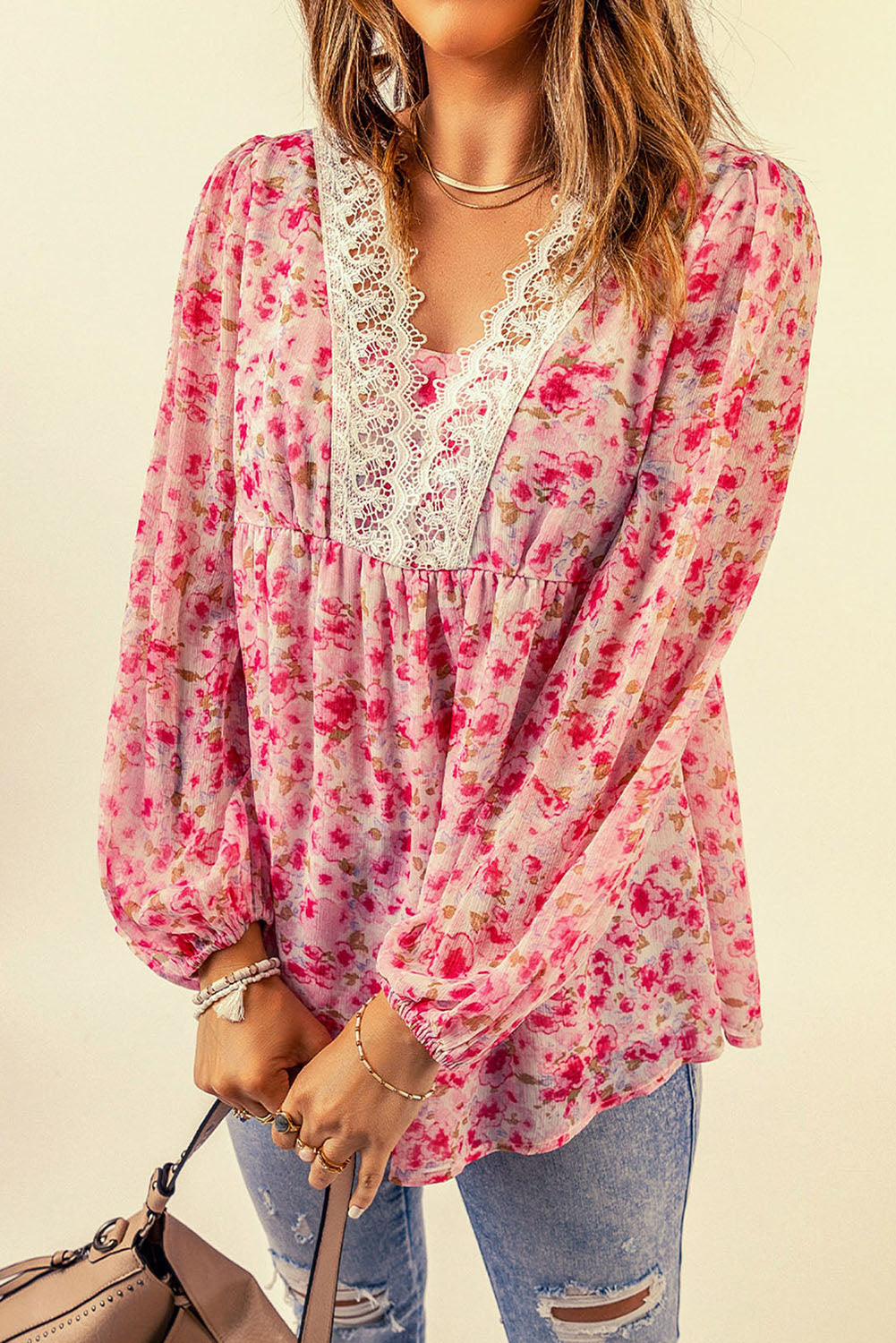 Floral Lace Trim Balloon Sleeve Boho Blouse [Spirit and Rebel]   