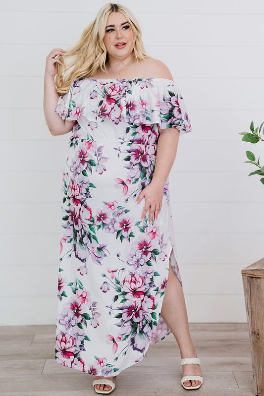 Boho Plus Size Floral Off-Shoulder Side Slit Layered Dress [Spirit and Rebel] Floral 1X 