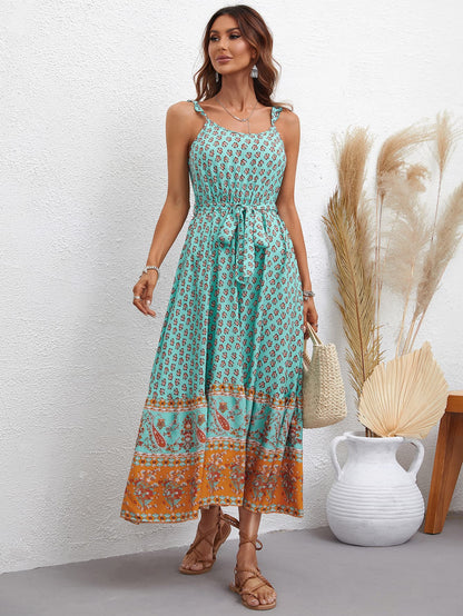 Bohemian Tie Waist Scoop Neck Dress [Spirit and Rebel] Teal XS 