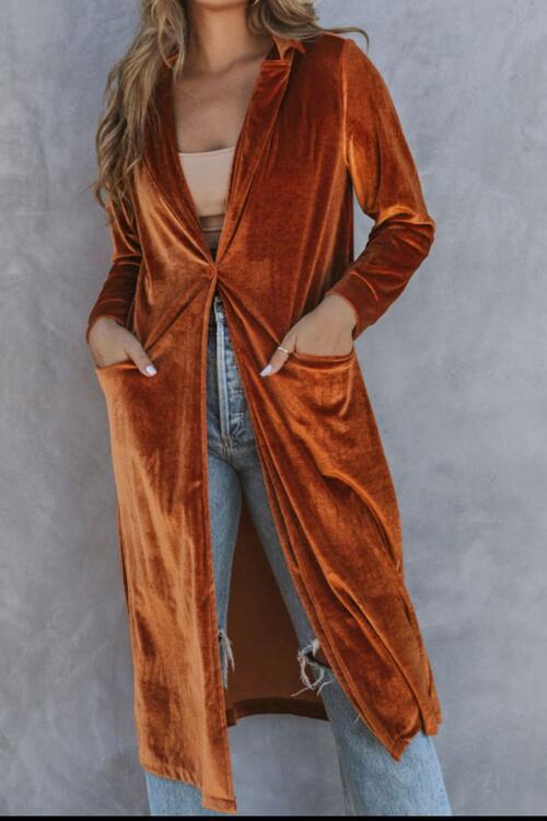 Collared Neck Longline Velvet Cardigan with Pockets [Spirit and Rebel] Caramel S 