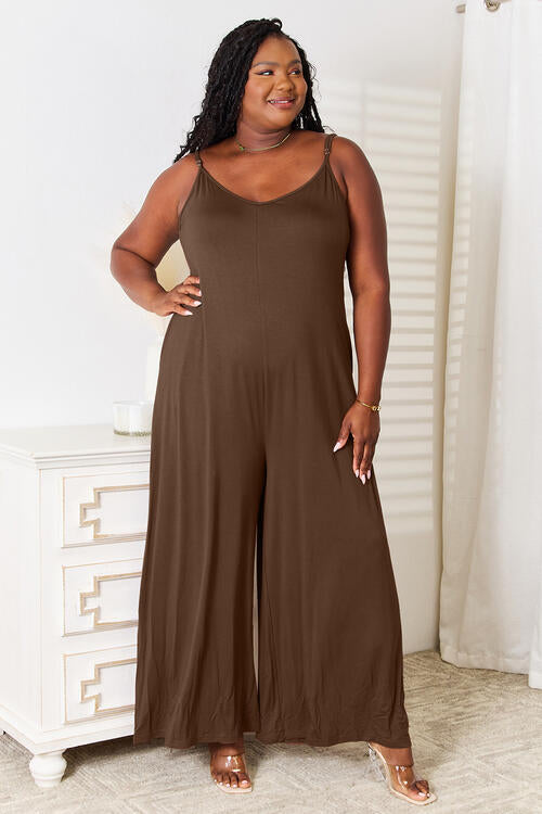 Double Take Full Size Soft Rayon Spaghetti Strap Tied Wide Leg Jumpsuit [Spirit and Rebel]   