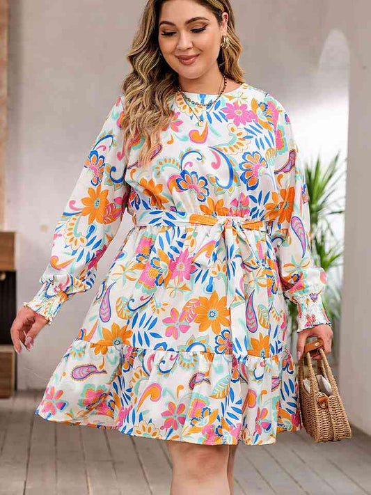 Plus Size Round Neck Lantern Sleeve Dress [Spirit and Rebel] Multicolor 1XL 