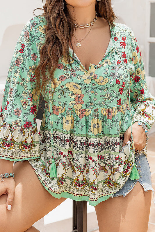 Plus Size Floral Tassel Tie Blouse [Spirit and Rebel]   