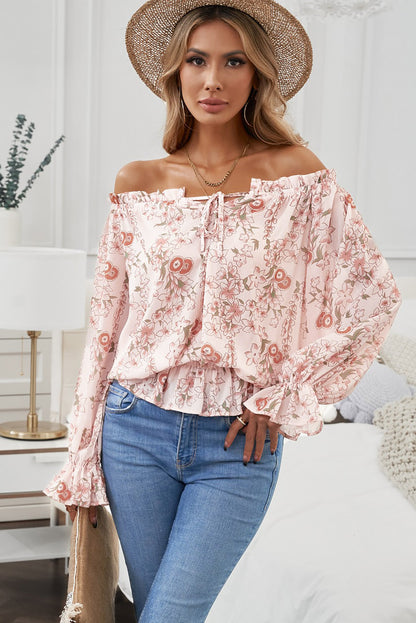 Boho Floral Flounce Sleeve Frilled Off-Shoulder Blouse Hippie Clothes [Spirit and Rebel] Pink M 