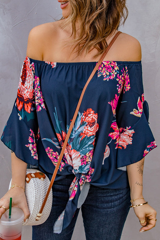 Printed Off-Shoulder Flounce Sleeve Boho Top [Spirit and Rebel] Navy S 