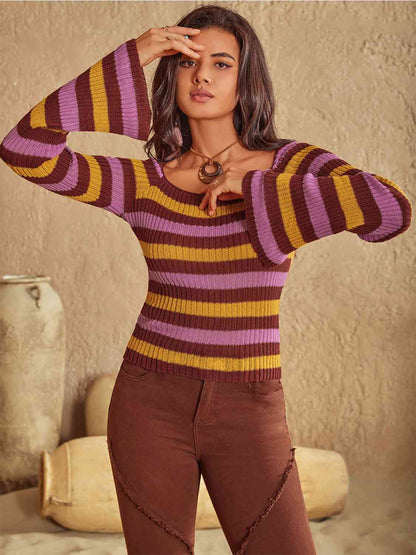 Striped Boat Neck Flare Sleeve Knit Top [Spirit and Rebel]   