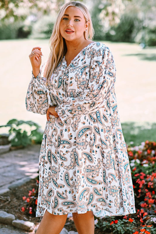 Boho Plus Size Paisley Print Puff Sleeve Dress [Spirit and Rebel] White 1X 