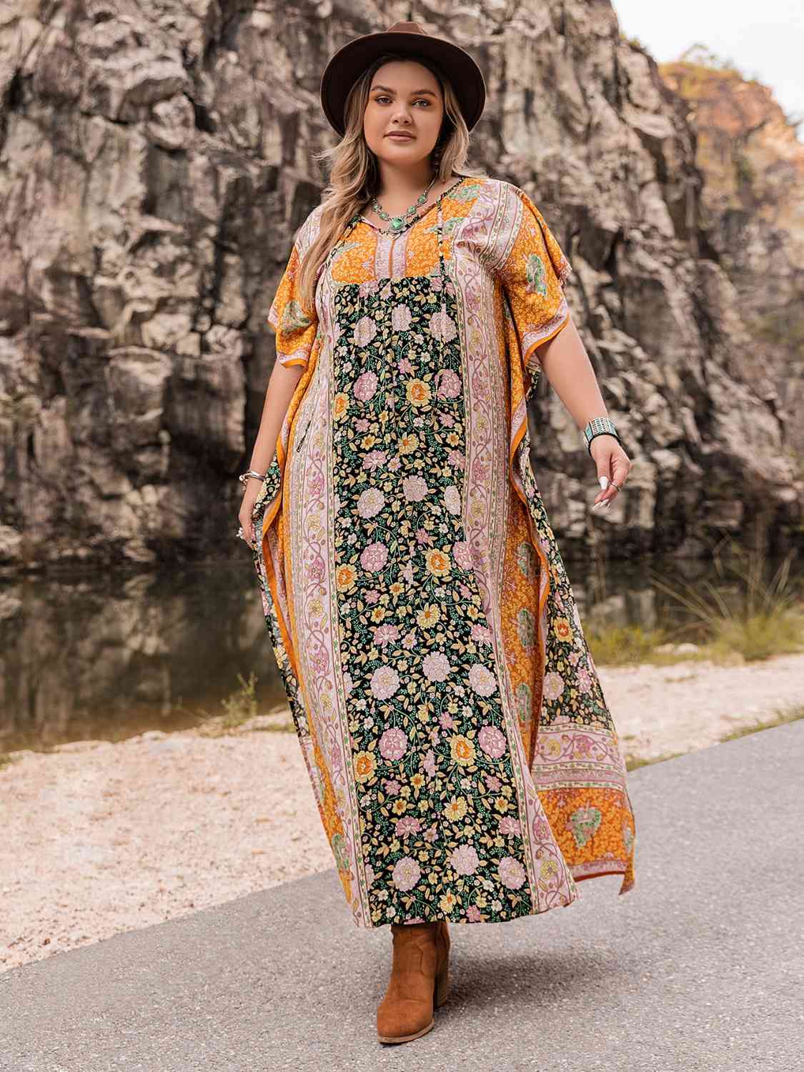 Plus Size Tie Neck Maxi Dress [Spirit and Rebel]   