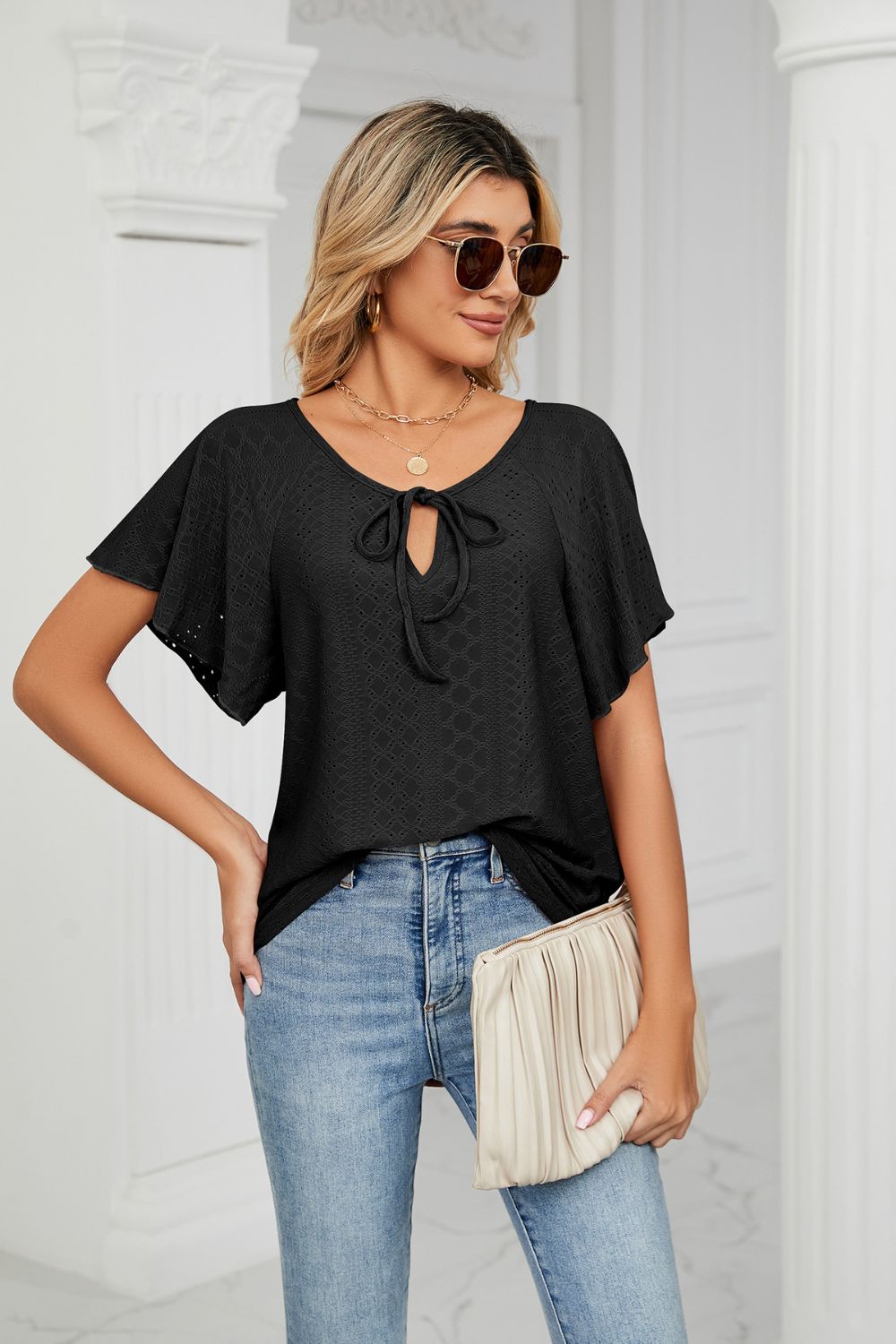 Eyelet Tie-Neck Flutter Sleeve Boho Top [Spirit and Rebel]   