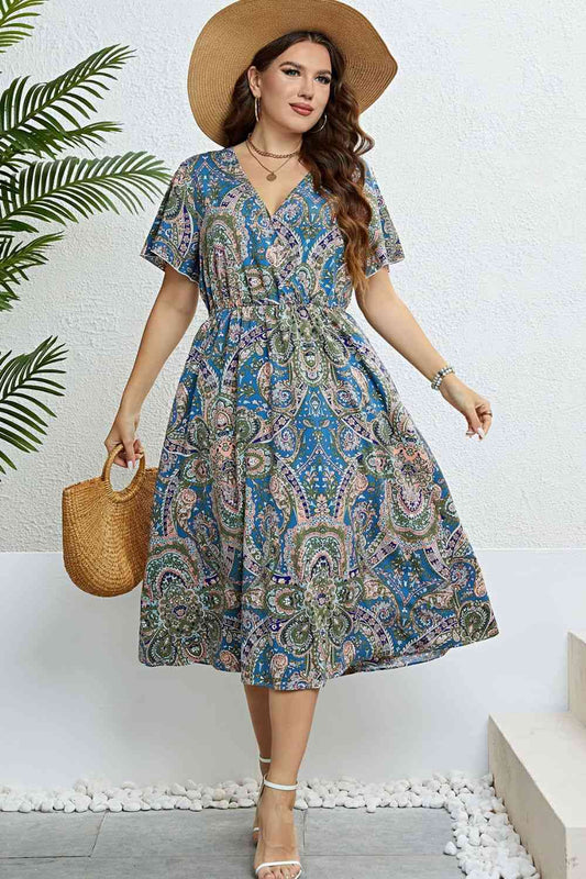 Printed Flutter Sleeve Midi Dress [Spirit and Rebel] Multicolor 1X 