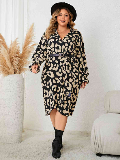 Plus Size Leopard Surplice Neck Flounce Sleeve Dress [Spirit and Rebel]   